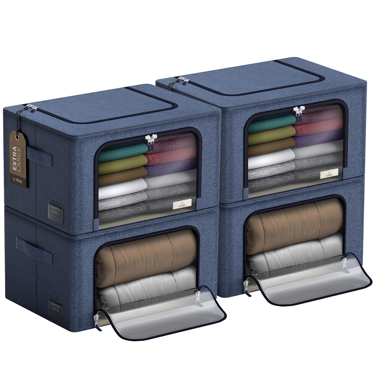 Sorbus 4 Pack Jumbo Storage Bins, Stackable & Foldable Clothes Organizer Bags with Metal Frame, Window, & Handles